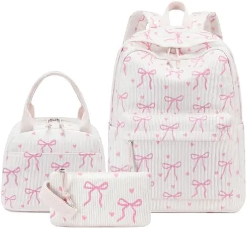 ledaou kids backpack for girls backpacks with lunch box lightweight bookbag set elementary middle school back pack for 8 14 a bow tie beige